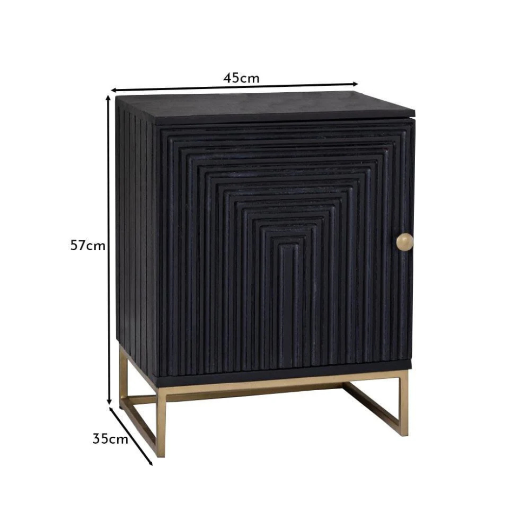 Black cabinet with gold legs and dimensions labeled on a white background