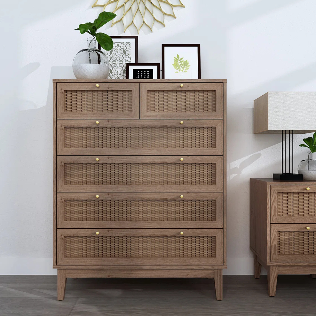 Modern Boho Rattan Chest Of Drawers 6, set in a modern home along side matching bedside table.