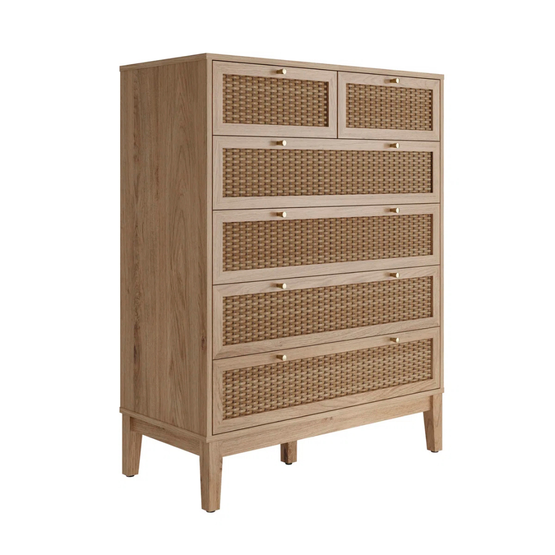 Modern Boho Rattan Chest Of Drawers 6, angled view, white background.