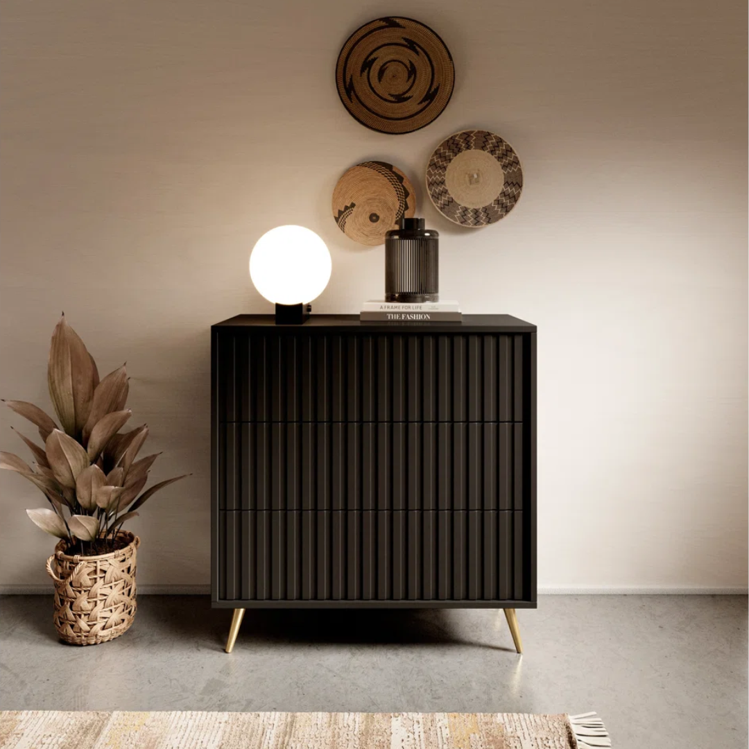 Modern Fluted Black 3 Chest Of Drawers