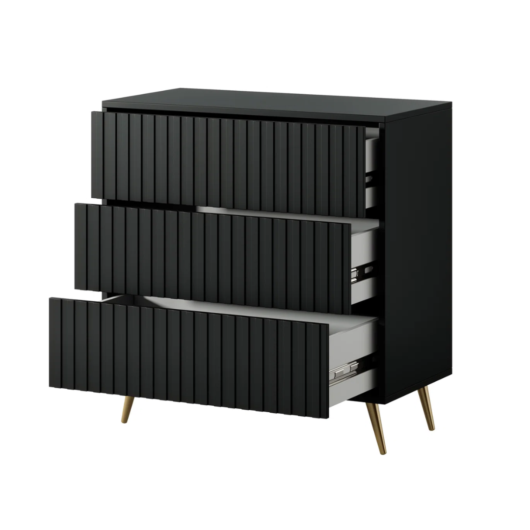 Modern Fluted Black 3 Chest Of Drawers
