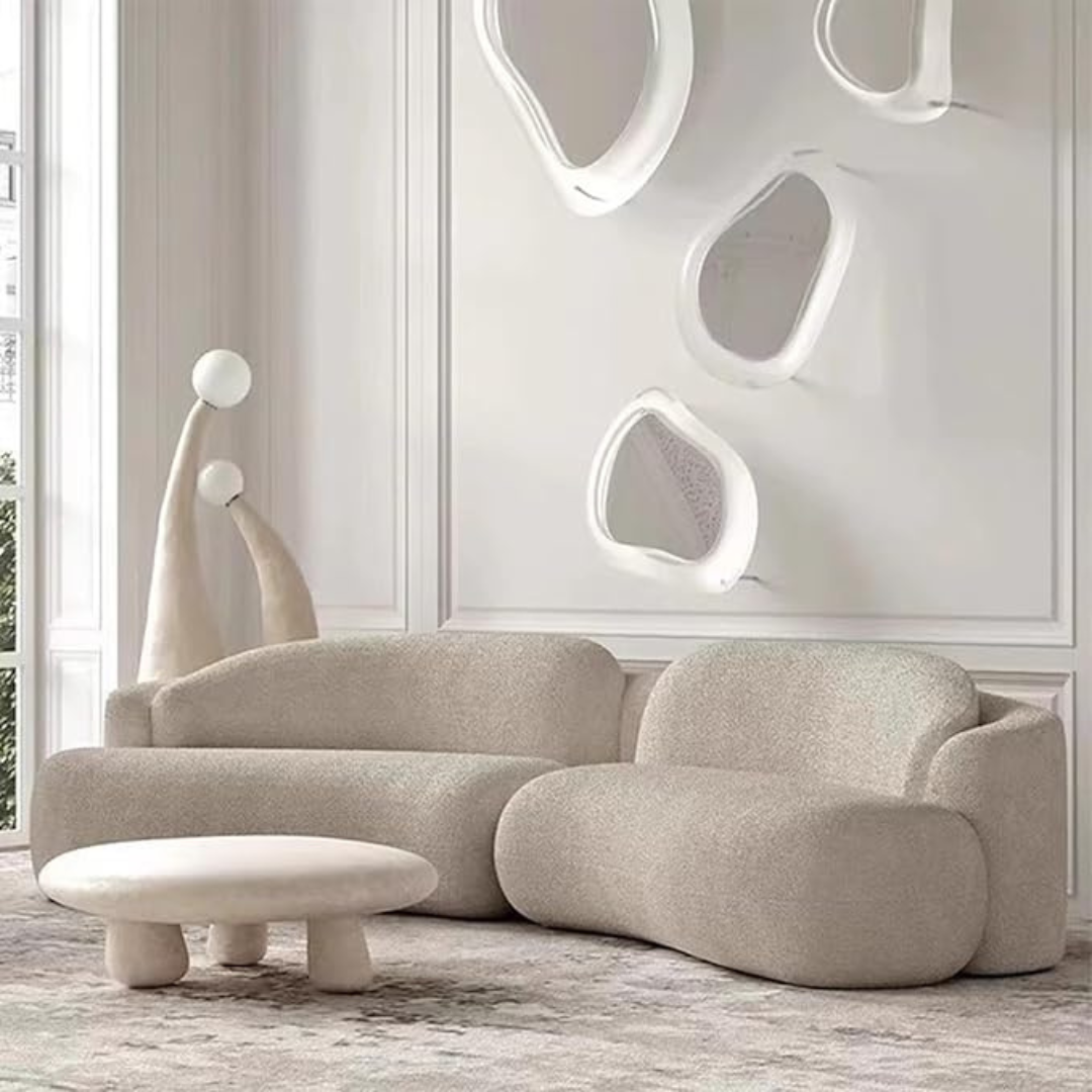 Modern Modular Curved White Boucle Sofa, set in a modern home, front view.