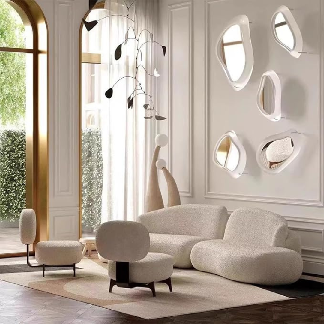 Modern Modular Curved White Boucle Sofa, set in a modern home, zoomed out view.