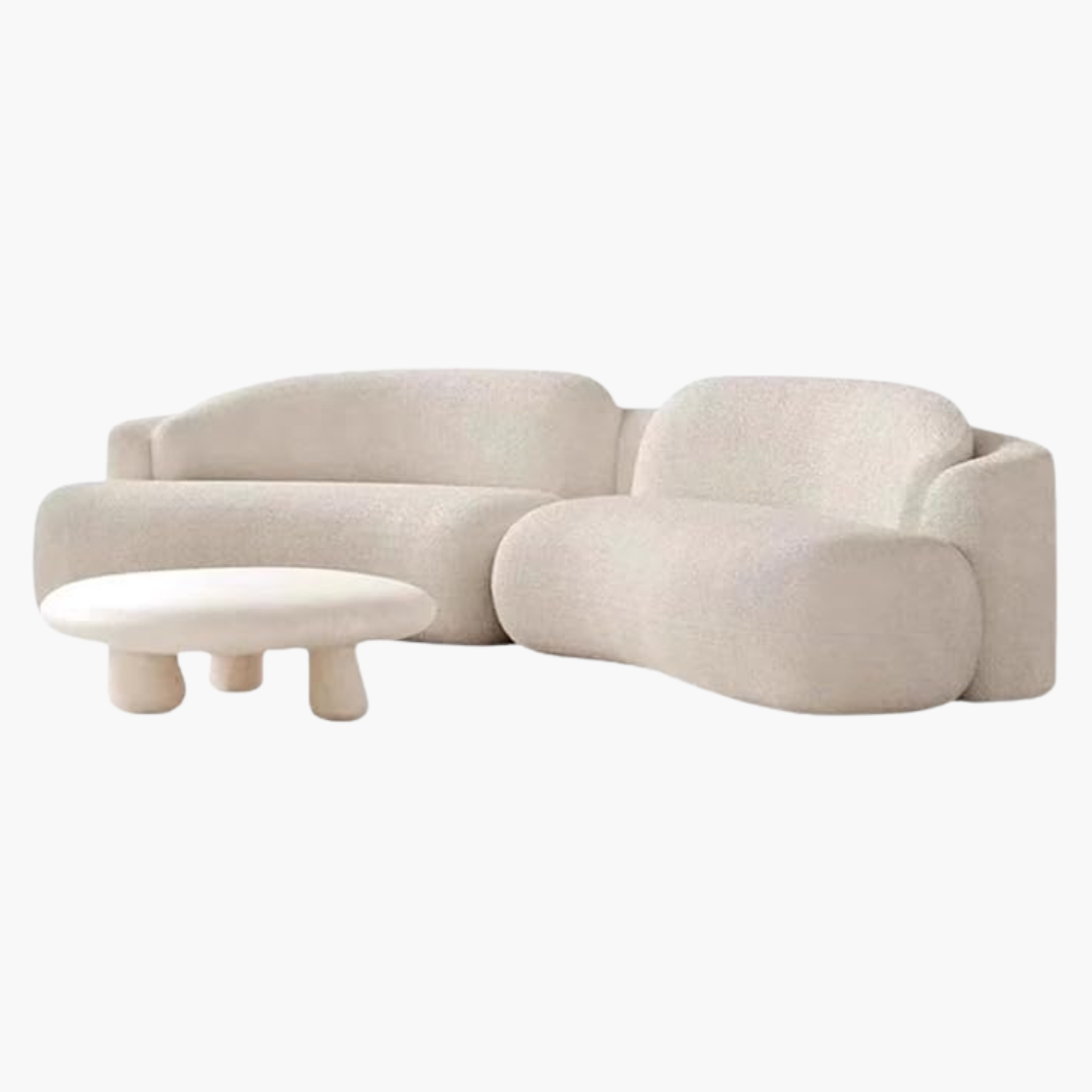 Modern Modular Curved White Boucle Sofa, white background.