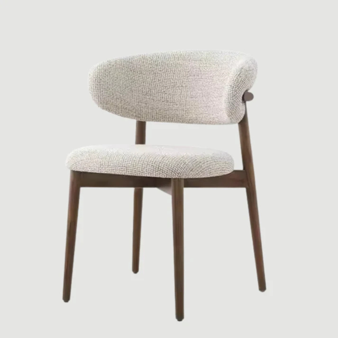 dining chair with soft upholstered seat and clean frame, white background, angled view.