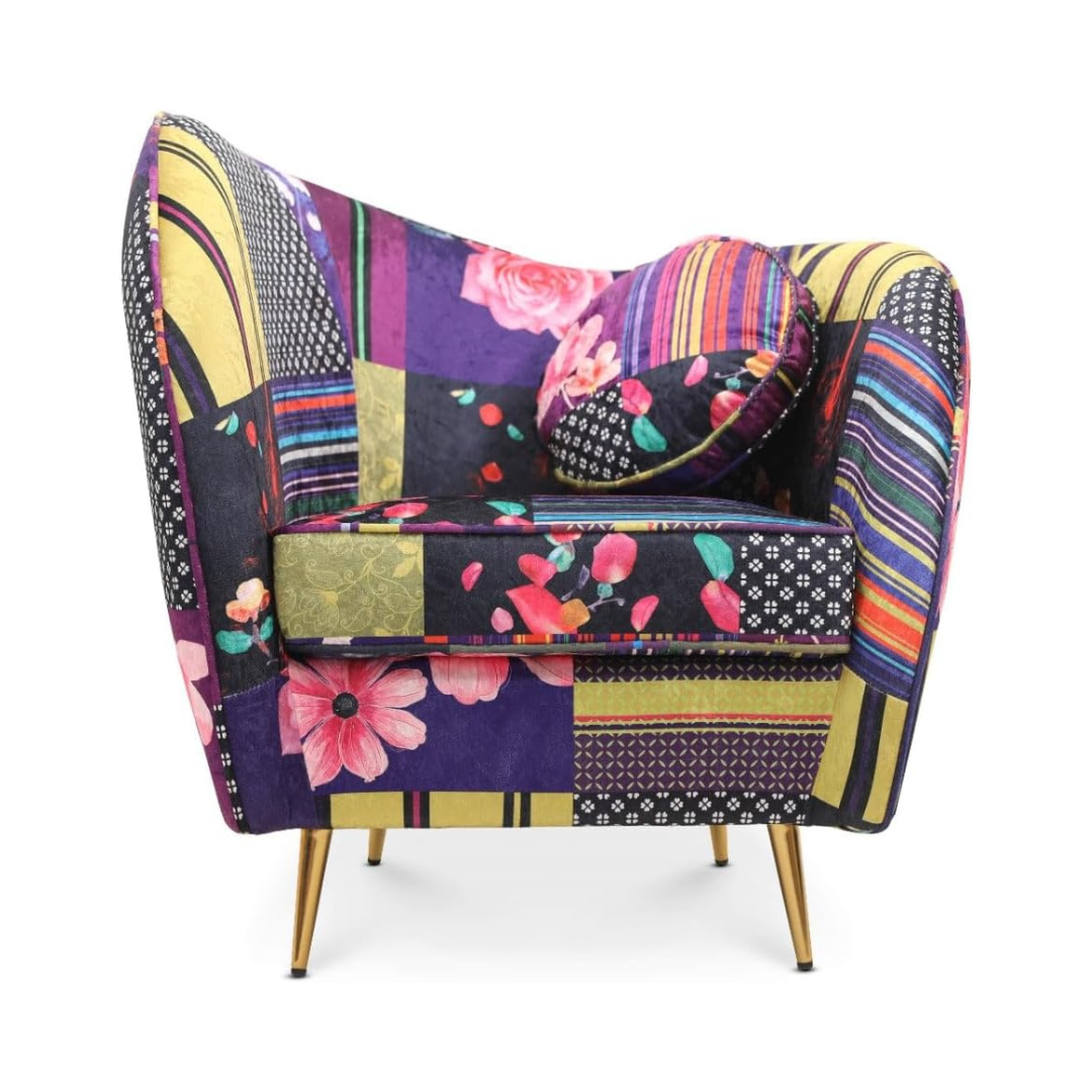 Multi Colour Curved Accent Patchwork Armchair, front view.