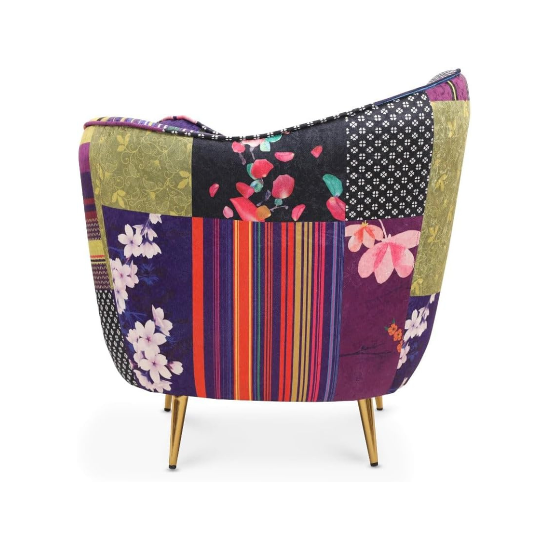 Multi Colour Curved Accent Patchwork Armchair, back view.