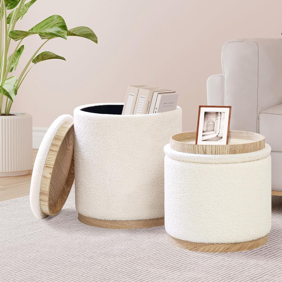 Multi Use Boucle Storage Ottoman Set Of 2, white set in a AI generated model home.