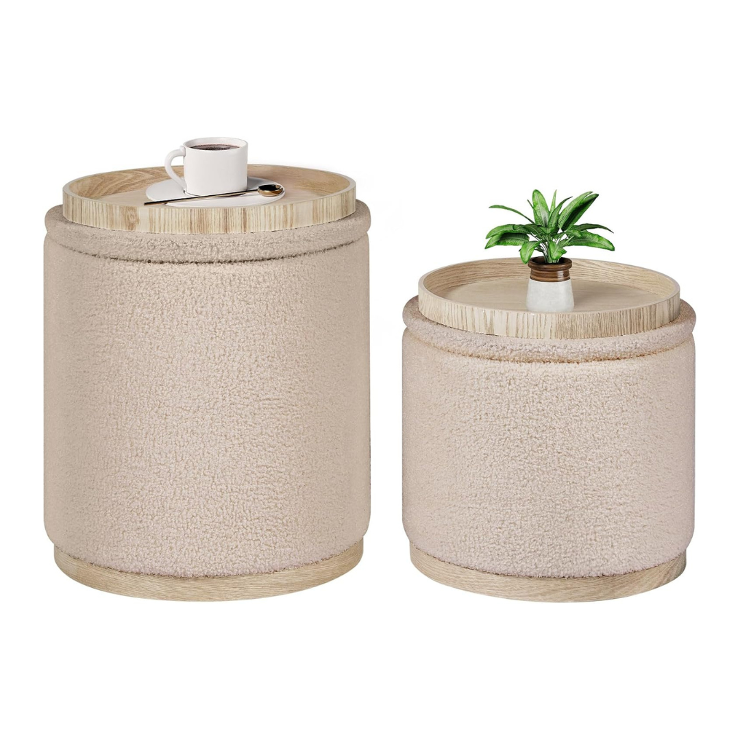 Multi Use Boucle Storage Ottoman Set Of 2, Beige.