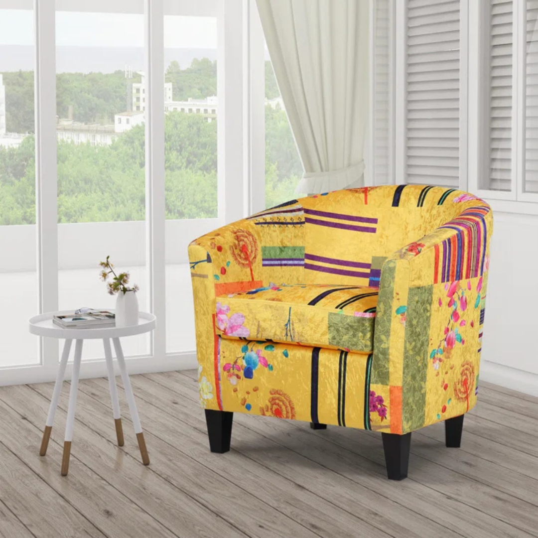 Multi Coloured Yellow Accent Patchwork Armchair, set in a model home.