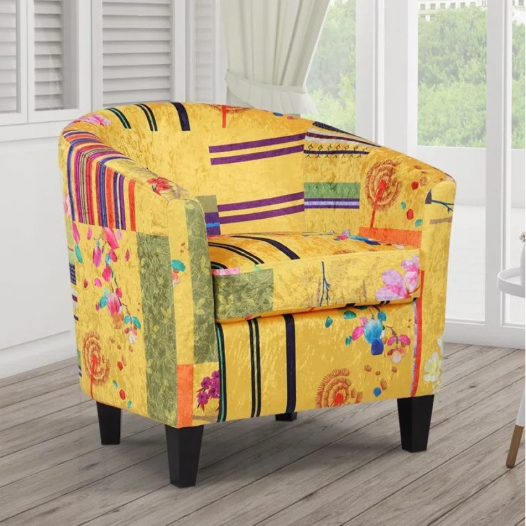 Multi Coloured Yellow Accent Patchwork Armchair, set in a modern home.