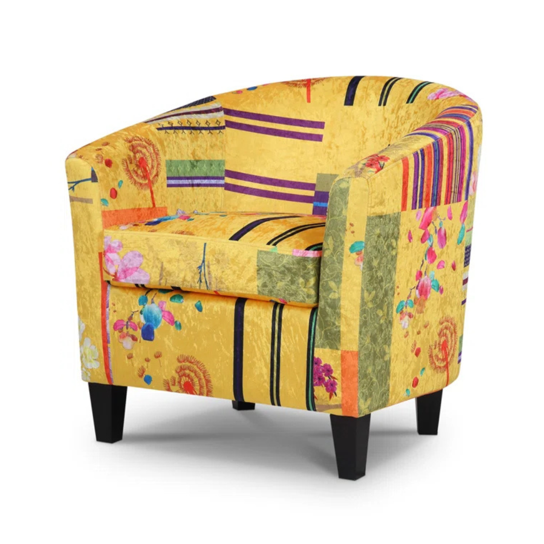 Multi Coloured Yellow Accent Patchwork Armchair, white background.