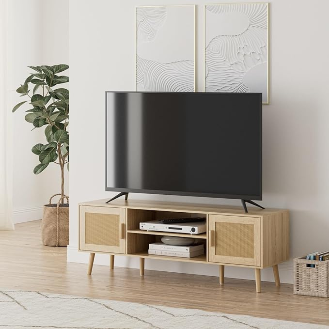 Natural Wood Scandi TV Stand, set in a modern home with tv, angled view.
