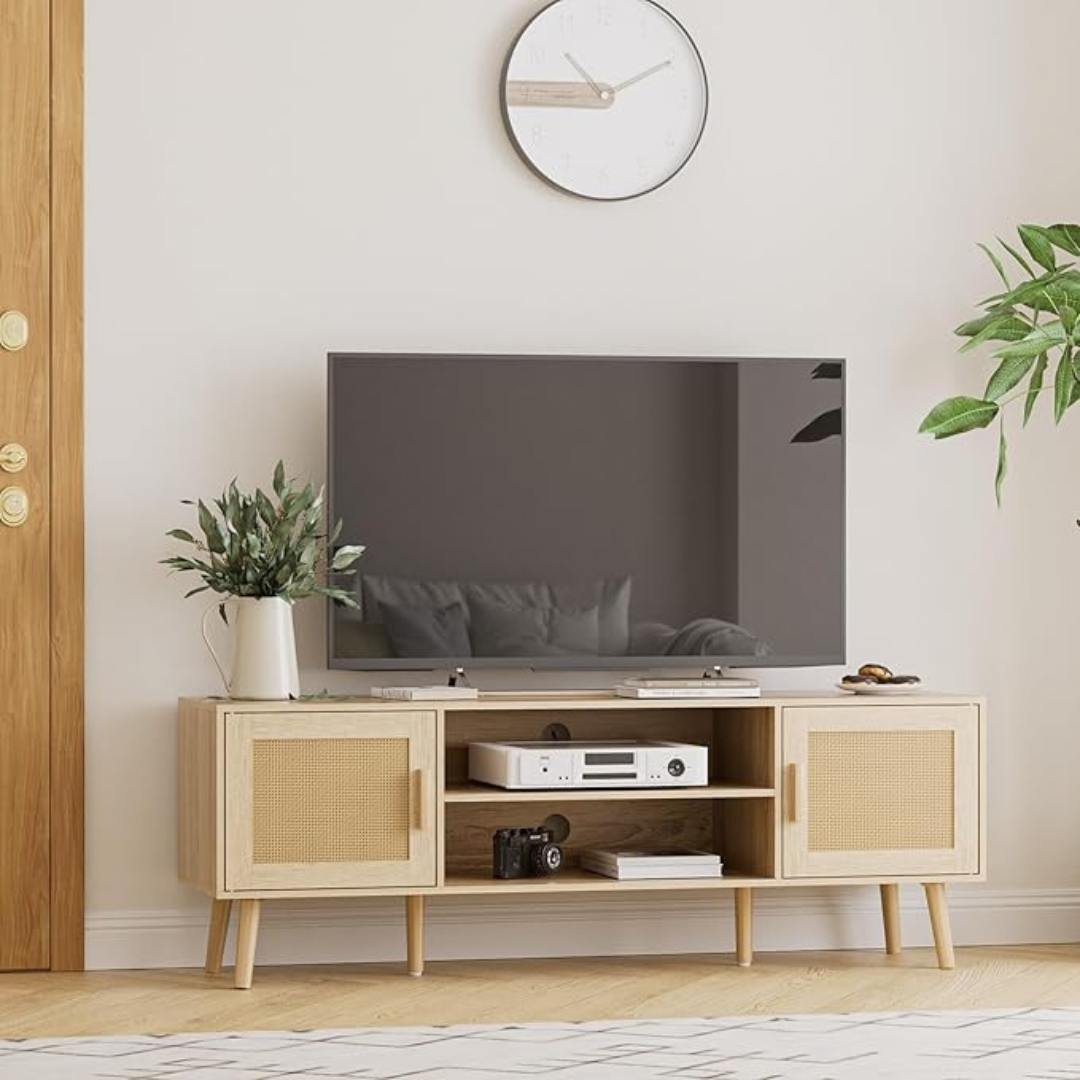 Natural Wood Scandi TV Stand, set in a modern home with tv.