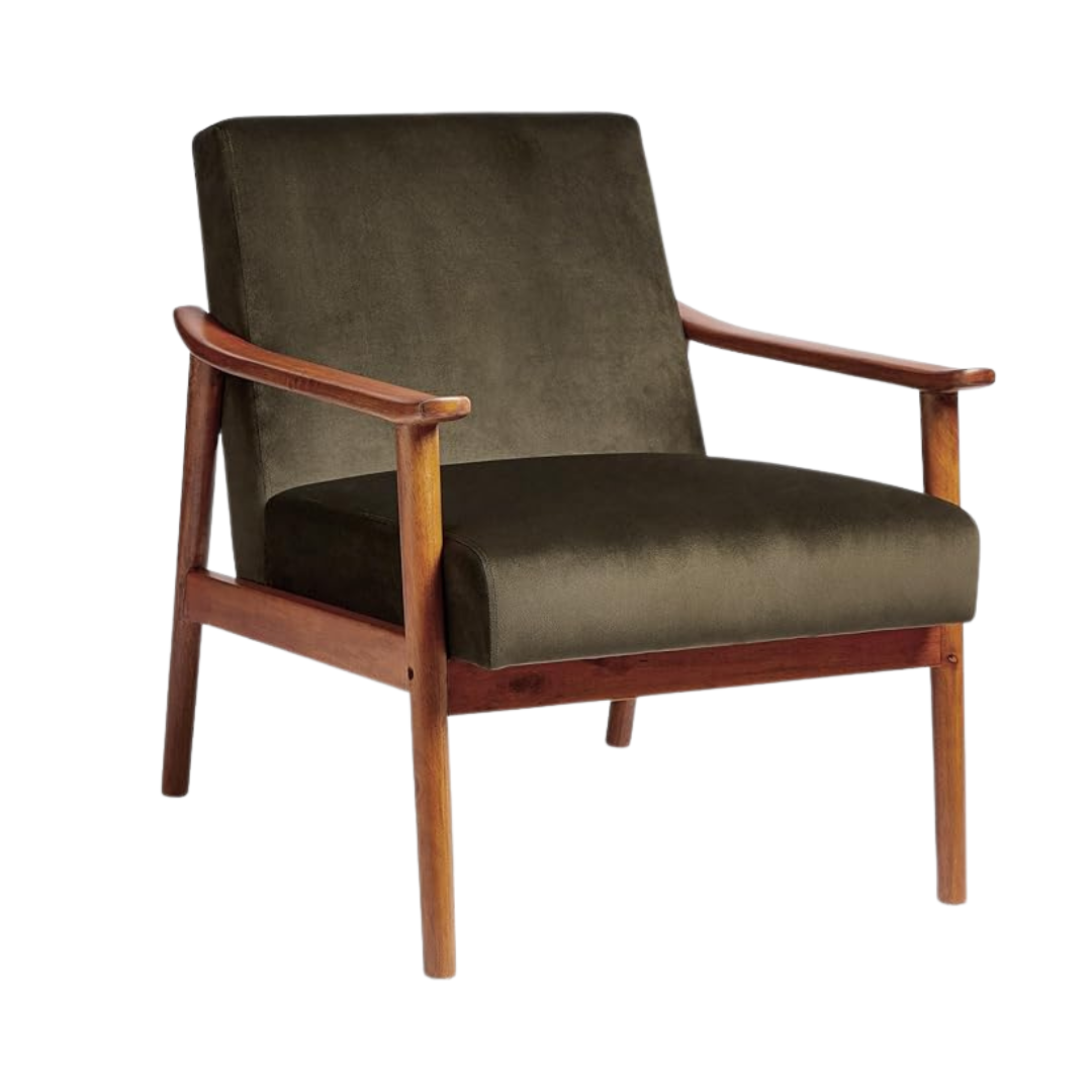A olive green velvet chair, white background, angled view