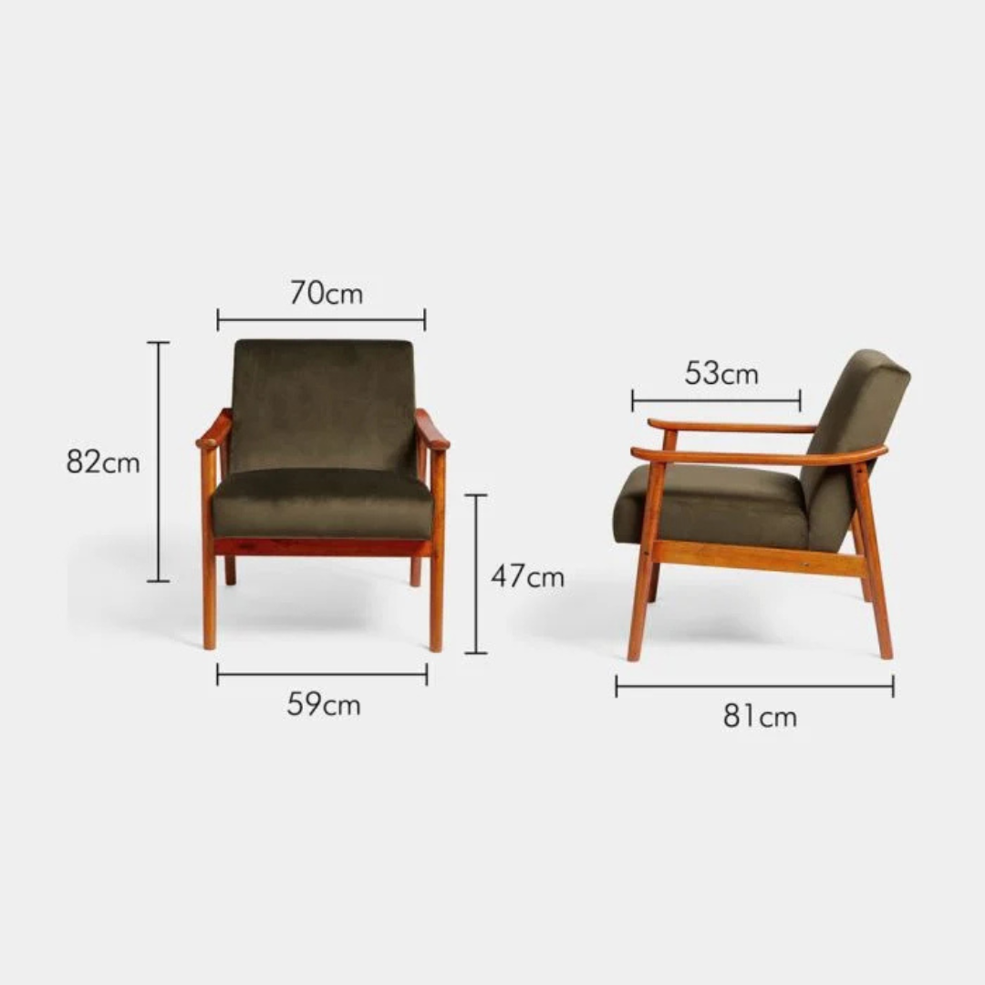 A olive green velvet chair, white background, dimensions.