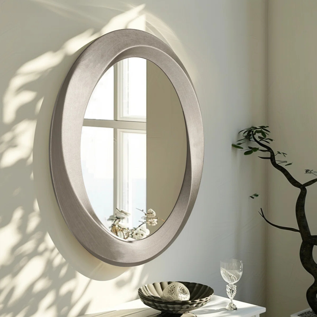 Oval Contemporary Baroque Style Mirror, set in a modern model home.