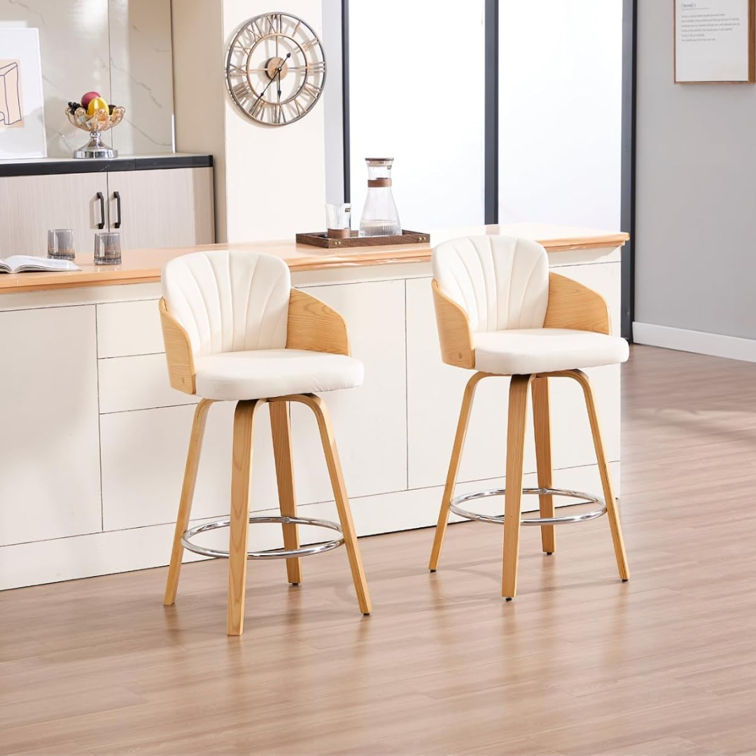 Padded Wooden Swivel Bar Stools with Back – Set of Two front view