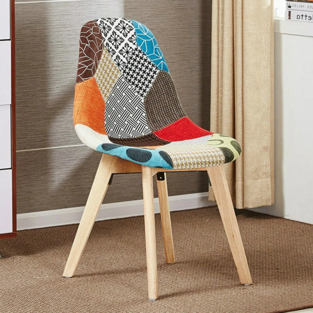 Patchwork Funky Colourful Dining Chair, stand alone in a modern room.