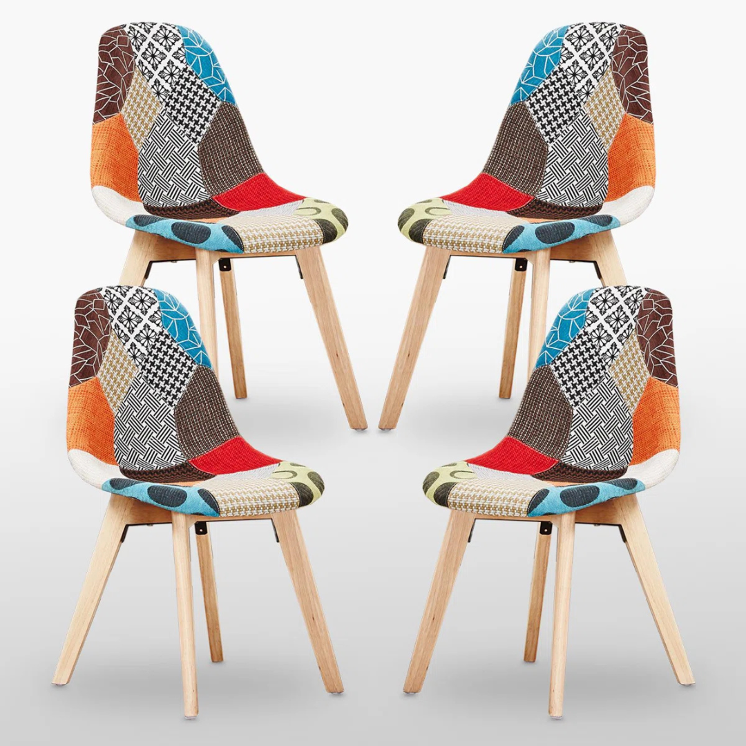 Patchwork Funky Colourful Dining Chairs Set Of 4, white background.