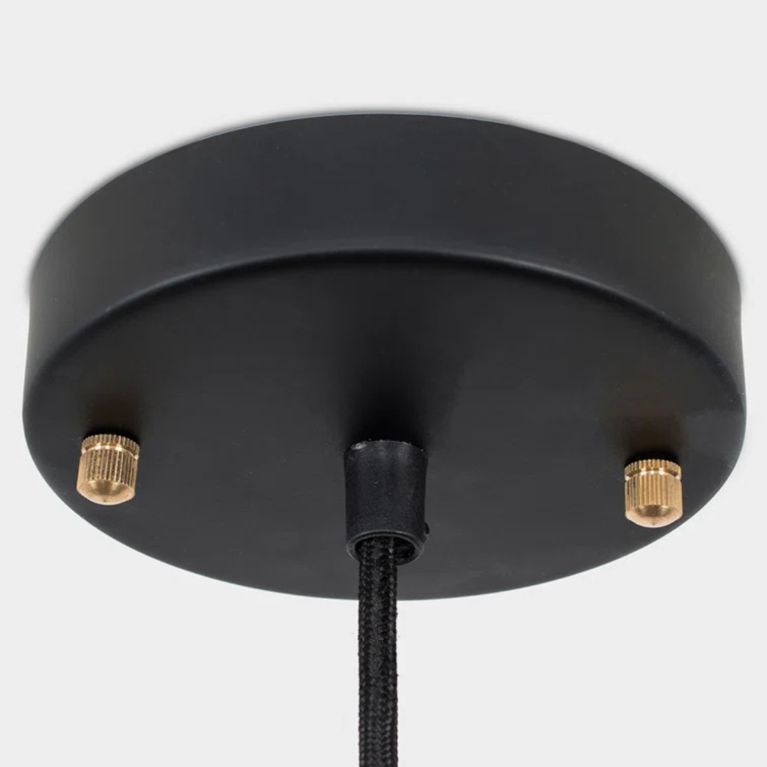 Black ceiling mount with gold screws on a white background