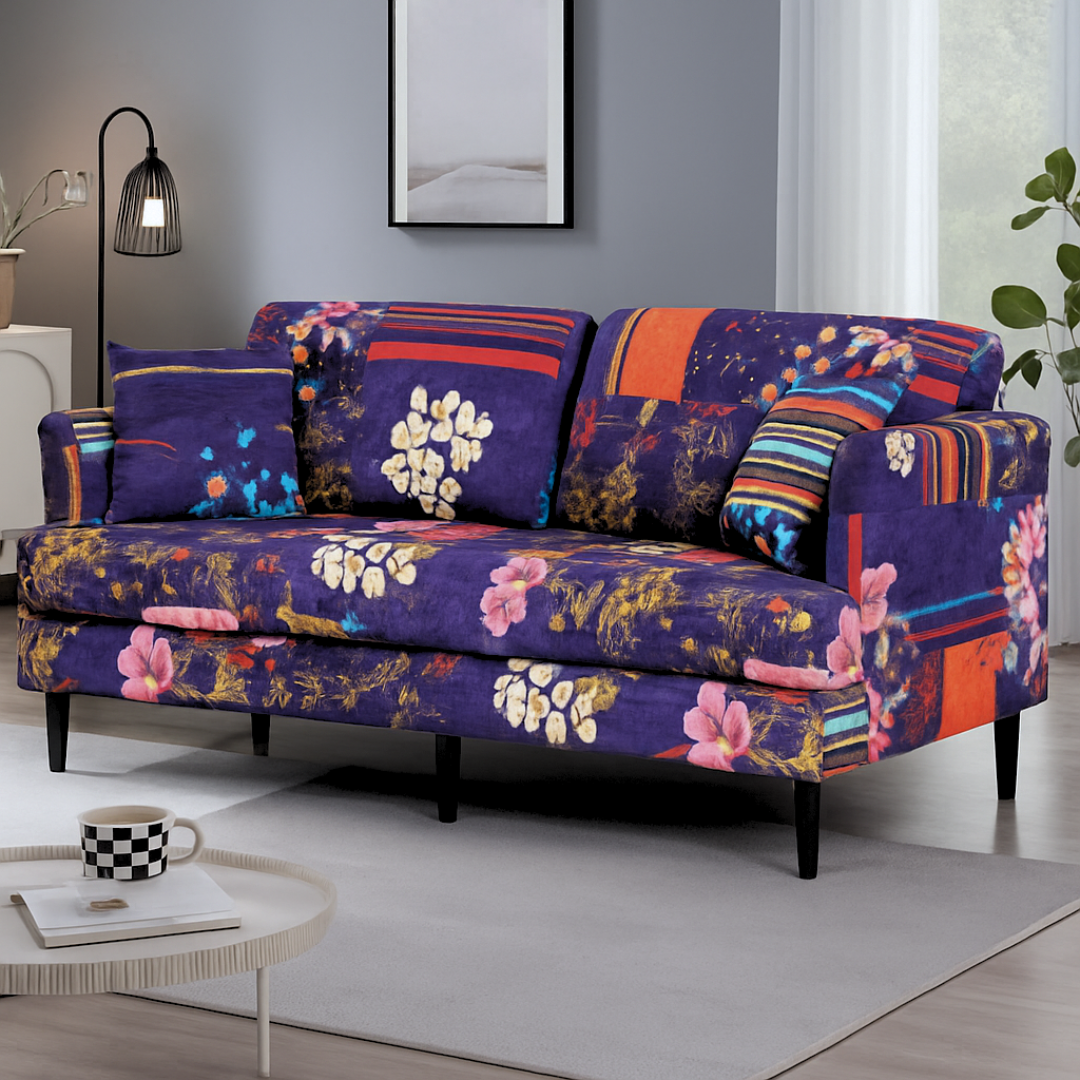 Purple Multi Coloured 3 Seater Patchwork Sofa, set in a modern home.