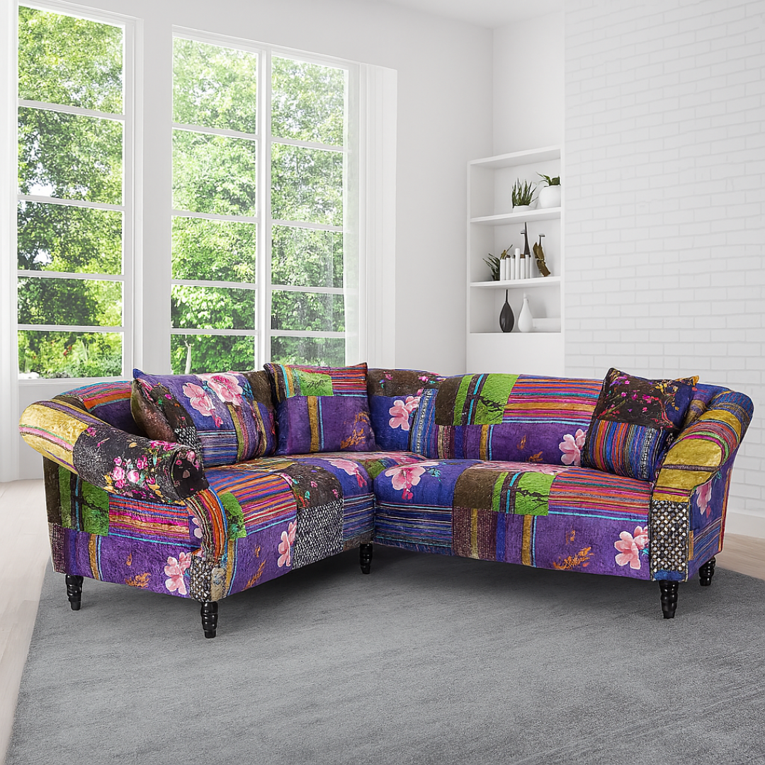 Purple Multi Coloured Patchwork Corner Sofa, set in a modern home.