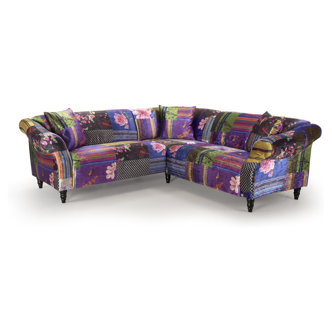 Purple Multi Coloured Patchwork Corner Sofa, white background.
