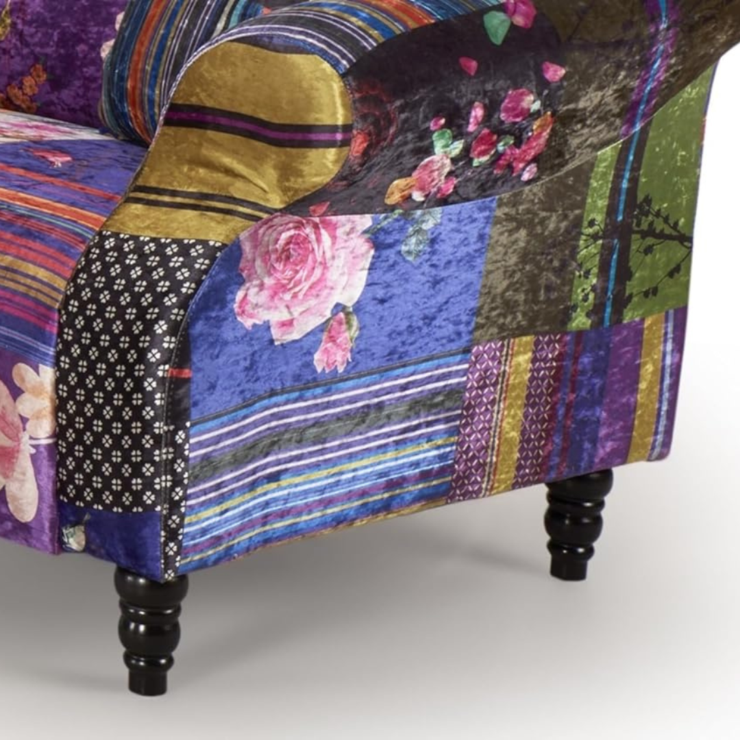 Purple Multi Coloured Patchwork Corner Sofa, close up to the sofas legs.