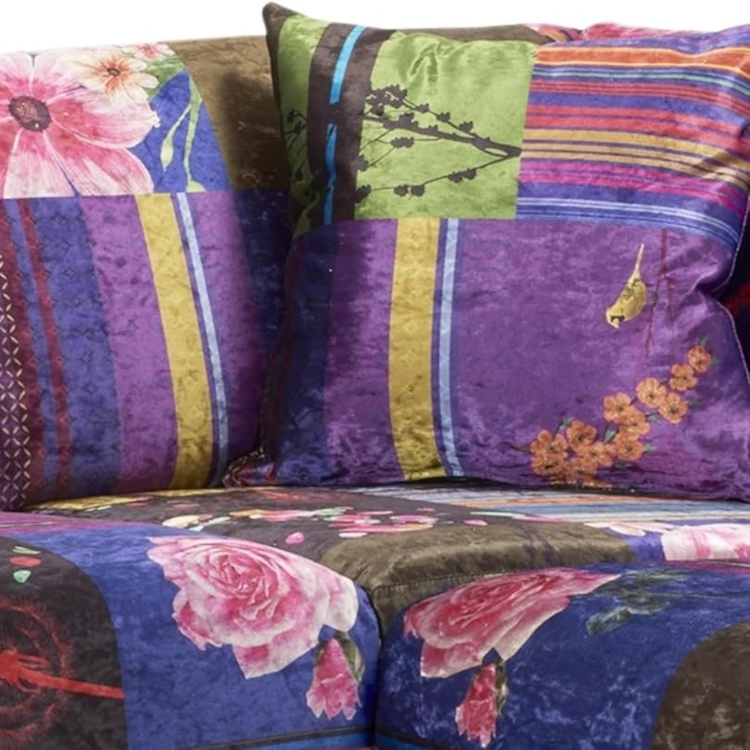 Purple Multi Coloured Patchwork Corner Sofa, close up to the sofas design.
