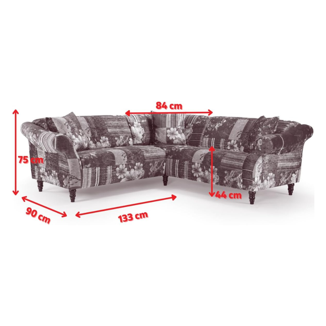 Purple Multi Coloured Patchwork Corner Sofa, dimensions.