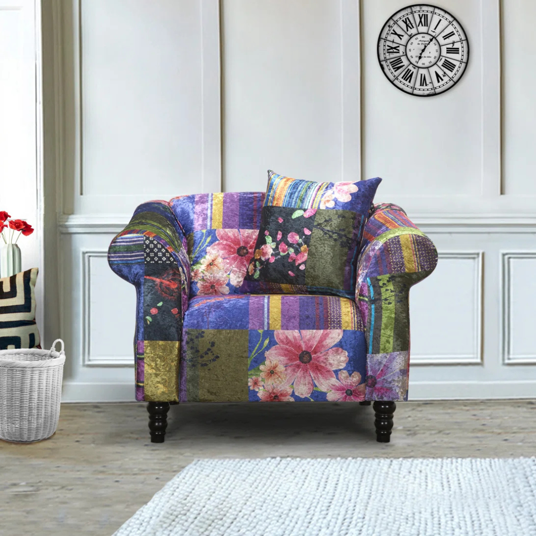 Purple Patchwork Funky Accent Chair, set in a modern home.