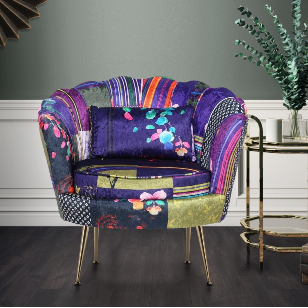 Purple Shell Accent Patchwork Armchair, set in a modern home.