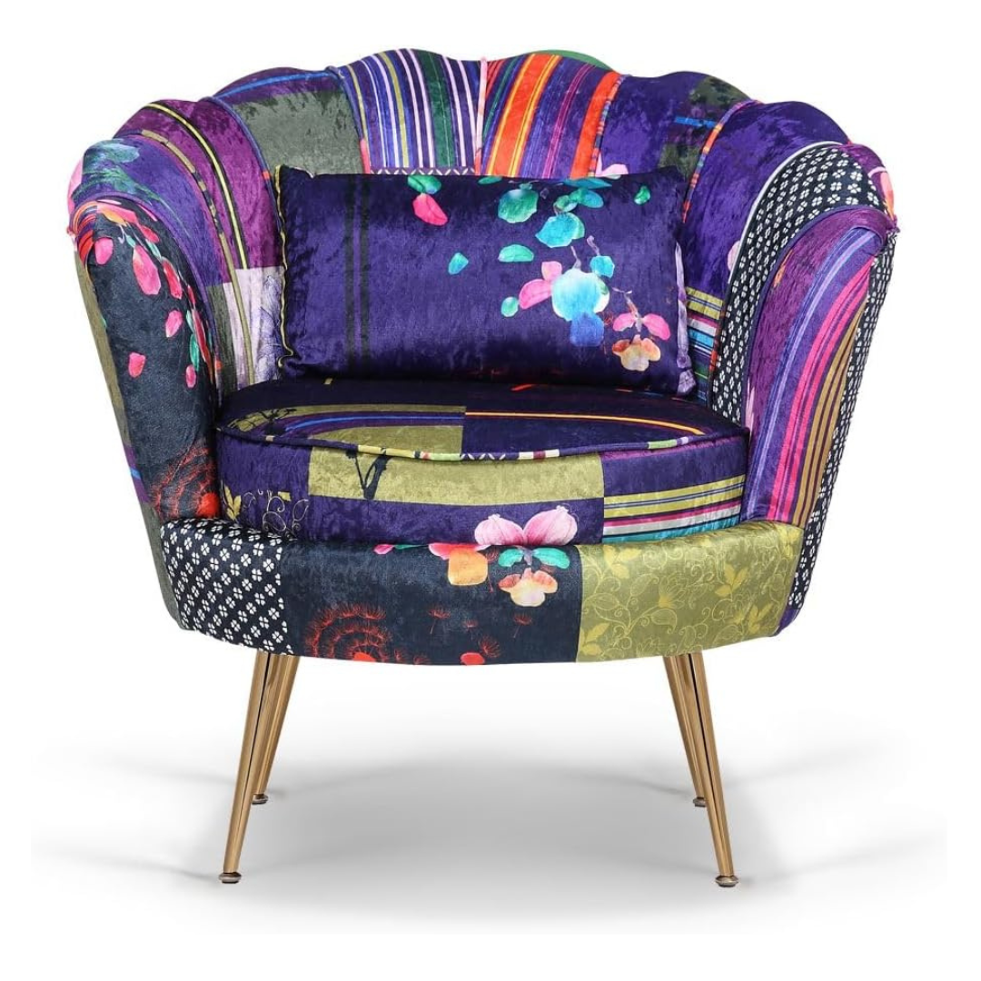 Purple Shell Accent Patchwork Armchair, white background.