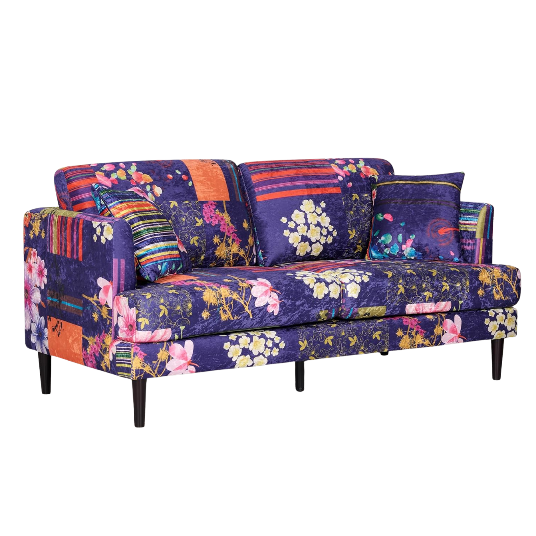 Purple Multi Coloured 3 Seater Patchwork Sofa, white background.