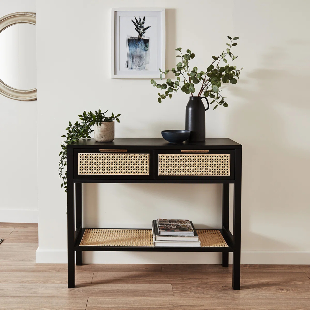 Rattan Black Wooden Console Table, front view in a modern home.