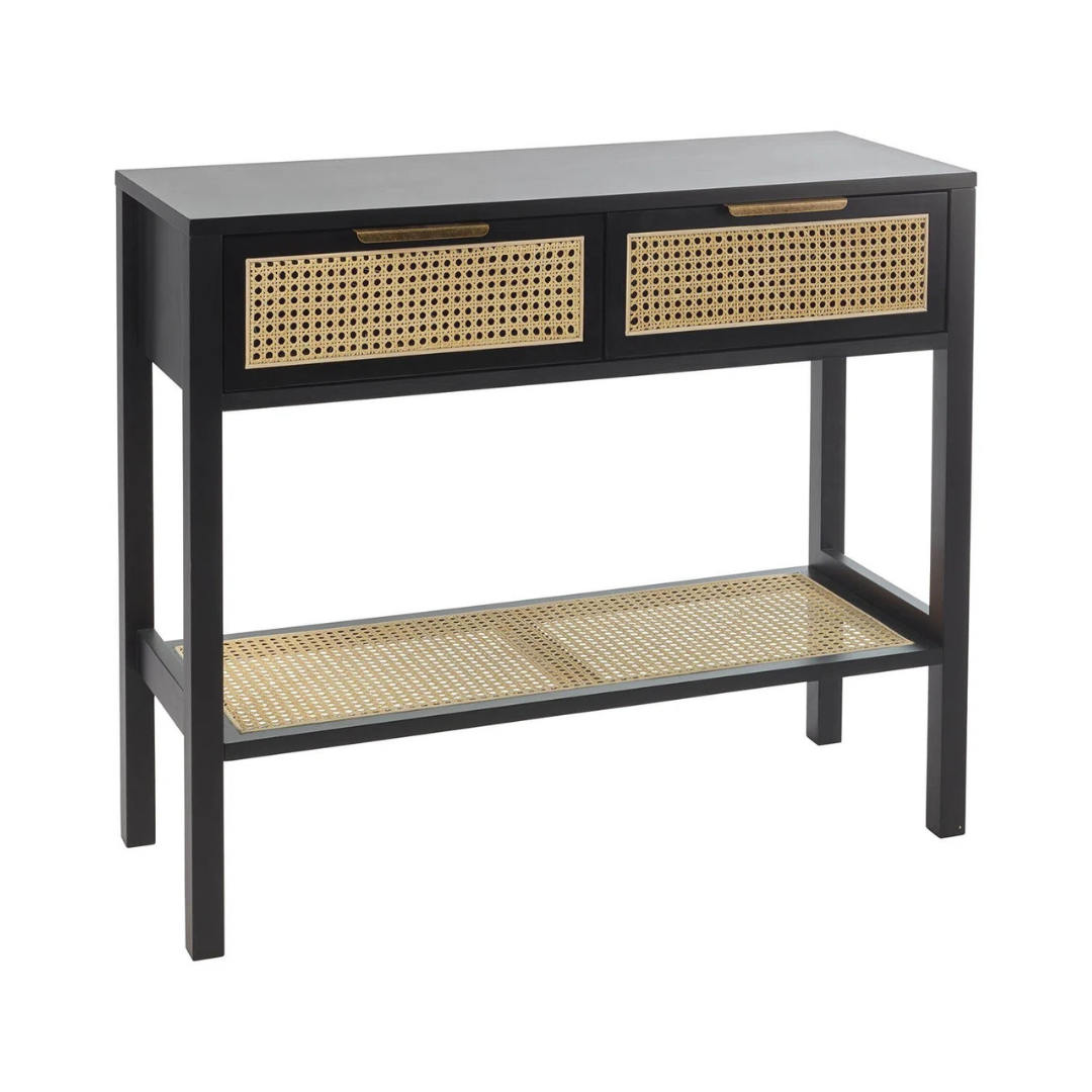 Rattan Black Wooden Console Table, white background.