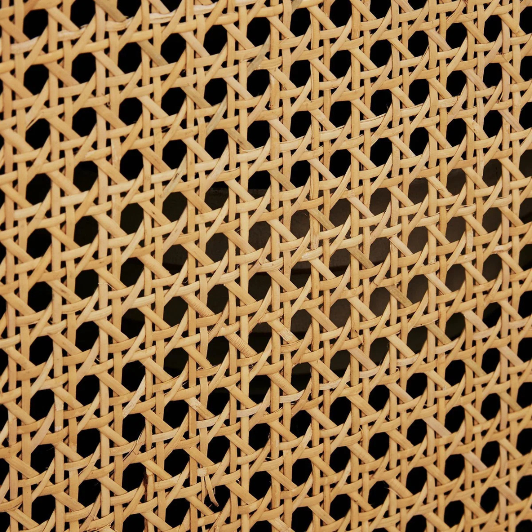 Rattan Black Wooden Console Table, close up to rattan design.