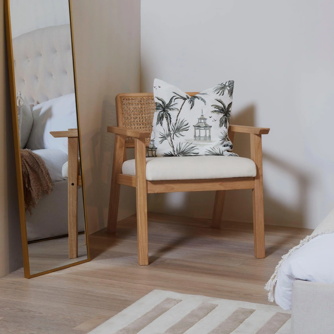 Rattan Wood Accent Chair styled in a cosy bedroom corner