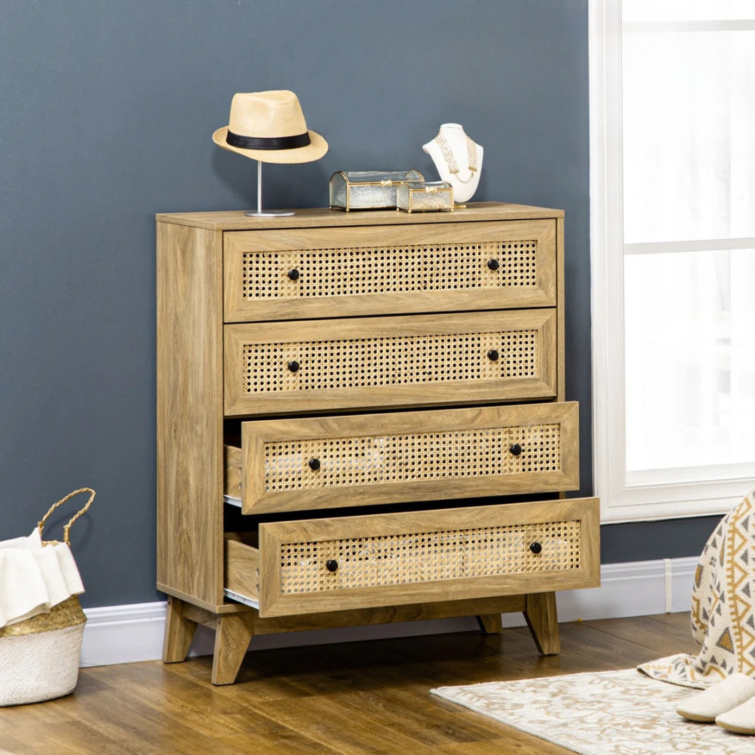 Rattan Woven Chest Of Drawers, set in a model home with drawers open.