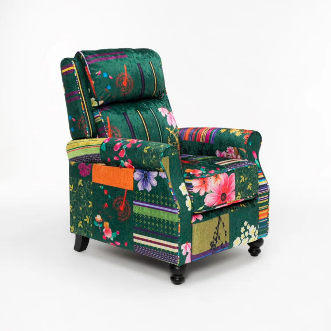 Reclining Green Patchwork Wing Chair, non reclined, angled view.