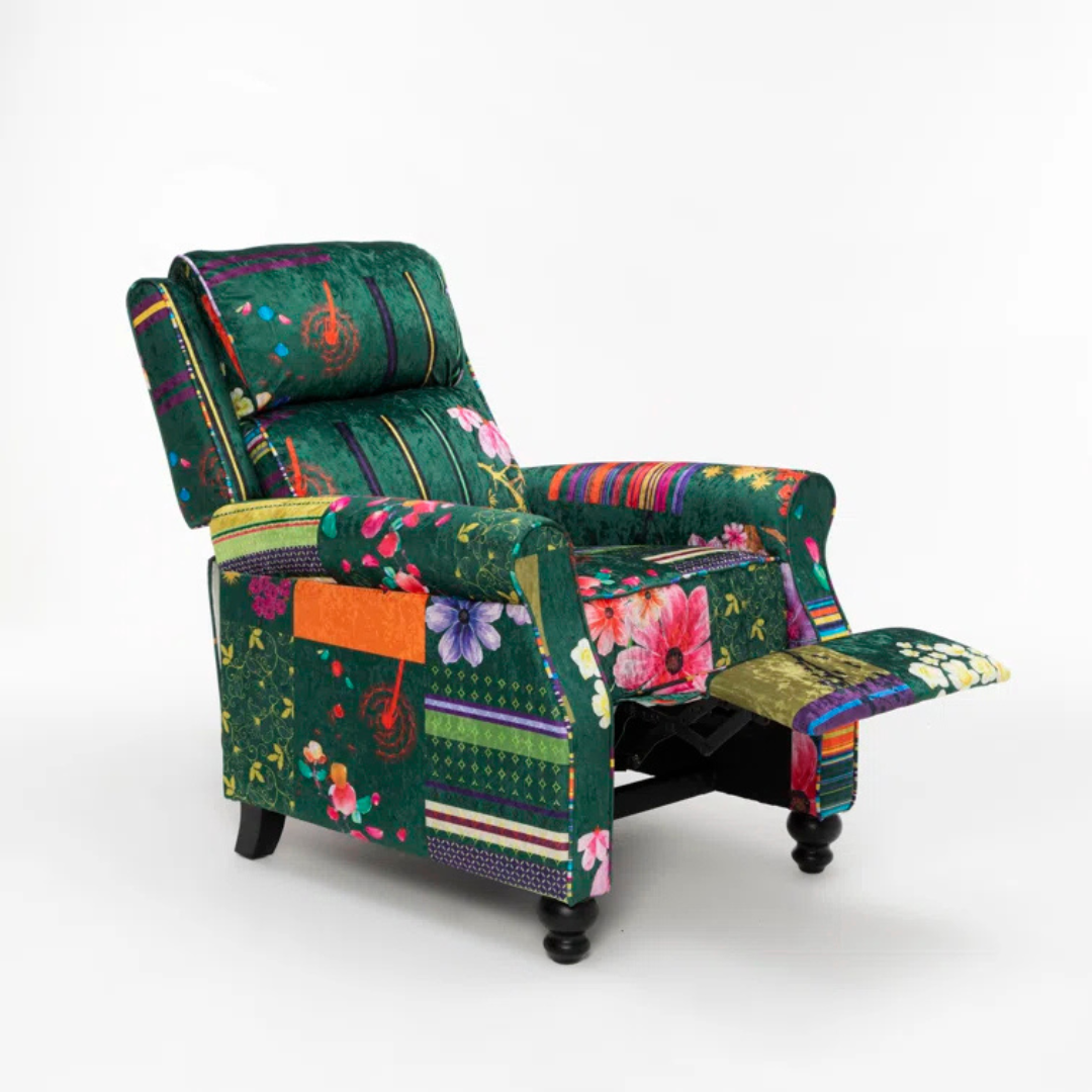 Reclining Green Patchwork Wing Chair, half reclined.