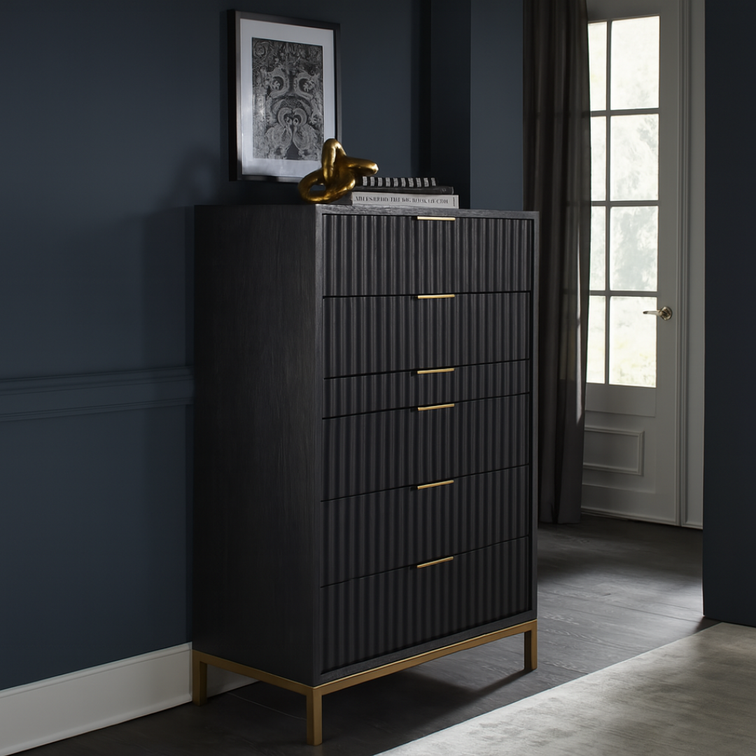 Retro Tall Black Chest Of Drawers With Gold Detail, set in a modern home.