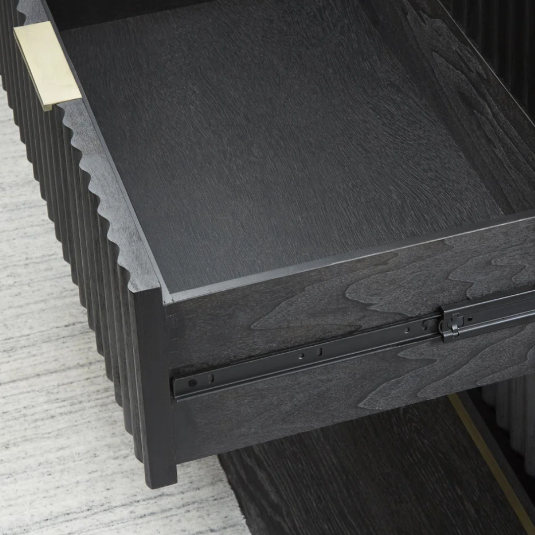 Retro Tall Black Chest Of Drawers With Gold Detail, close up to the drawer.