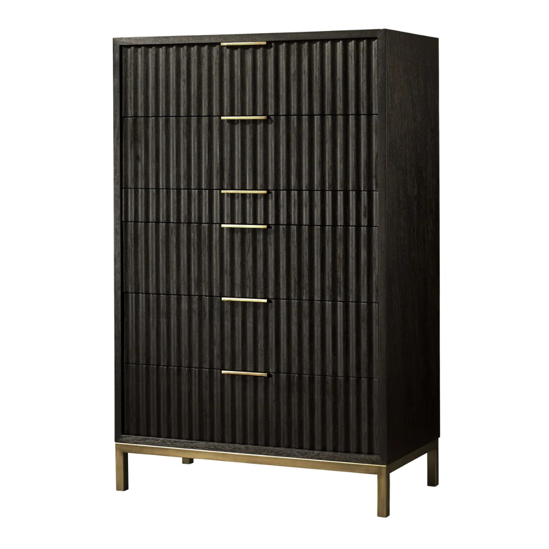 Retro Tall Black Chest Of Drawers With Gold Detail, angled view, white background.