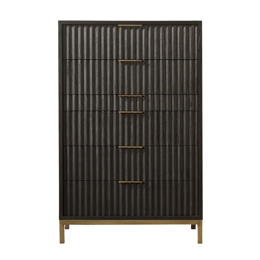 Retro Tall Black Chest Of Drawers With Gold Detail, front view, white background.