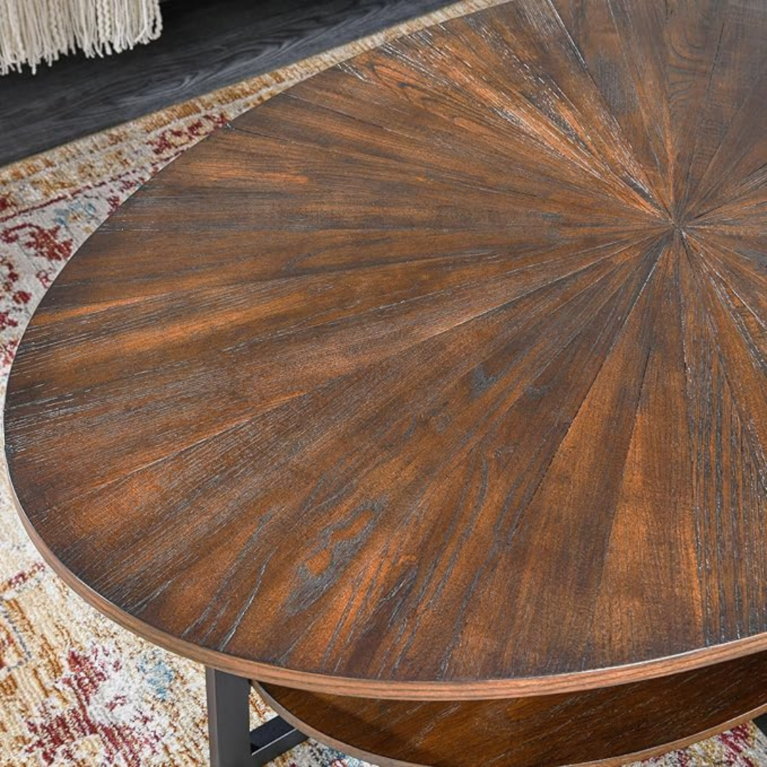 Rustic brown oval coffee table with lower shelf, close up to wooden design.