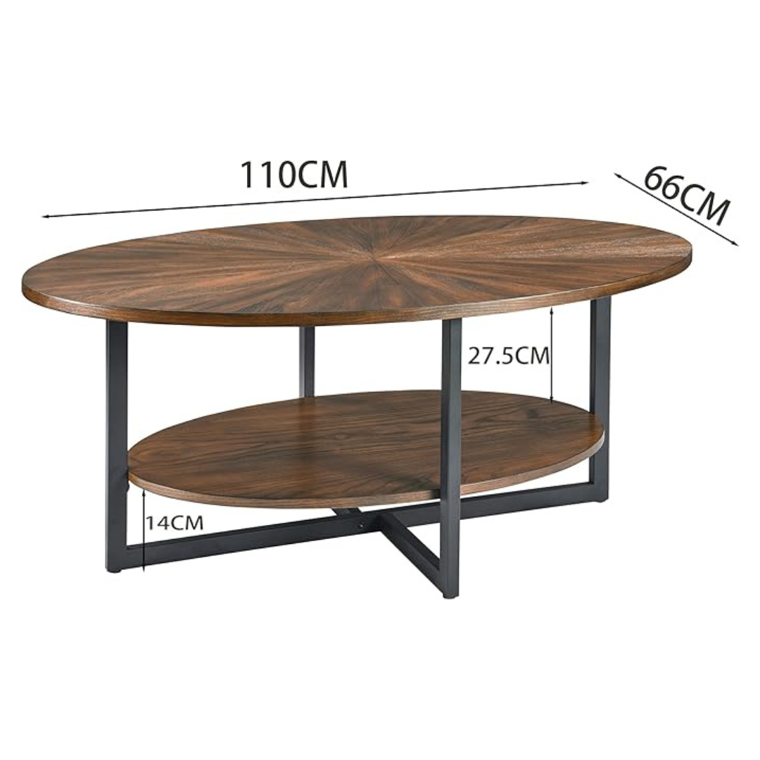 Rustic brown oval coffee table with lower shelf, dimensions.