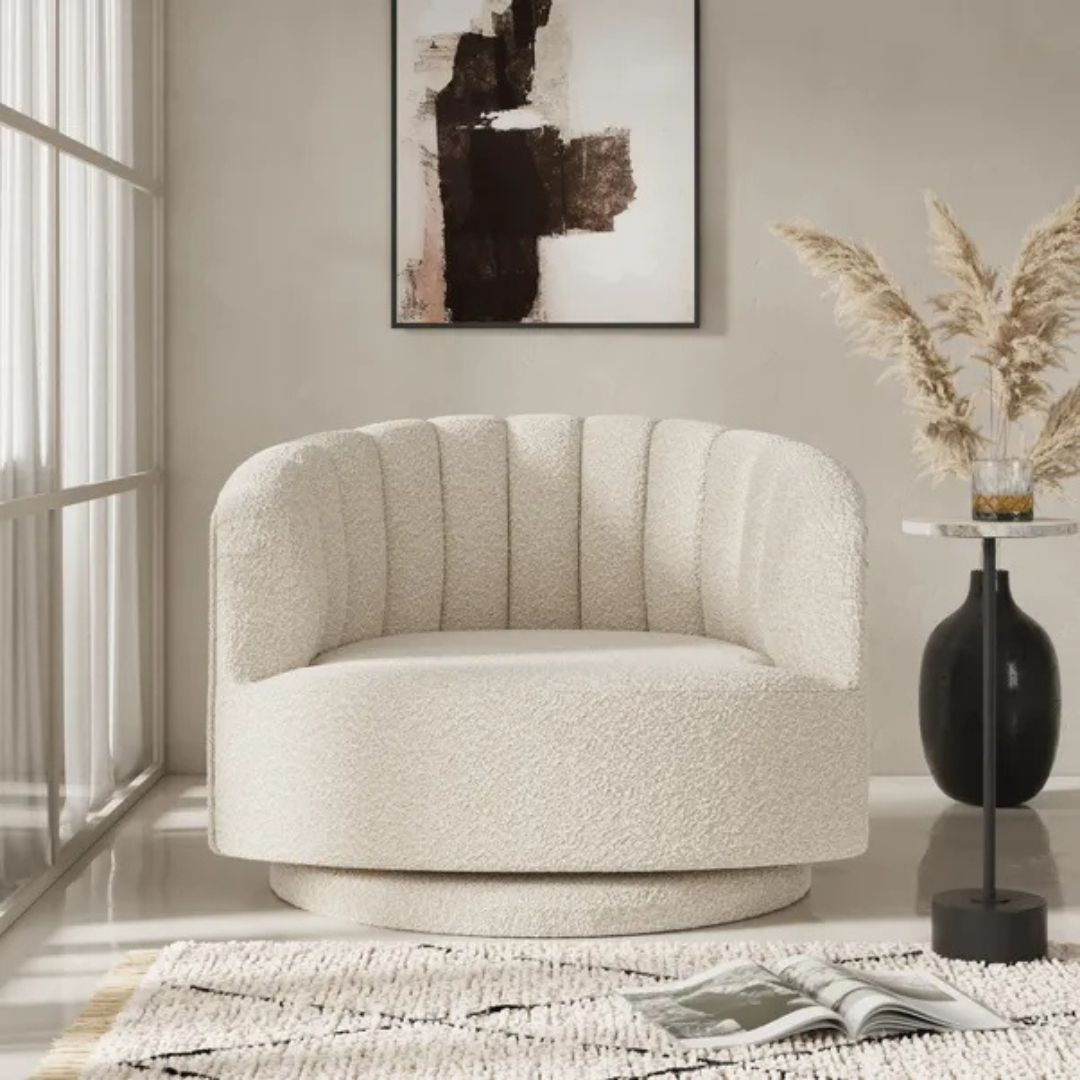 scalloped bouclé swivel chair with fluted backrest design, in a modern living room, front view.