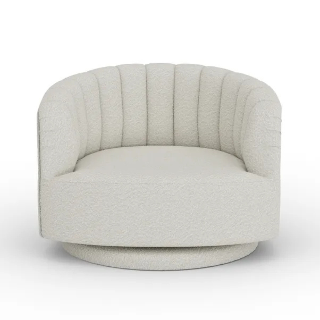 scalloped bouclé swivel chair with fluted backrest design, white background, front view.